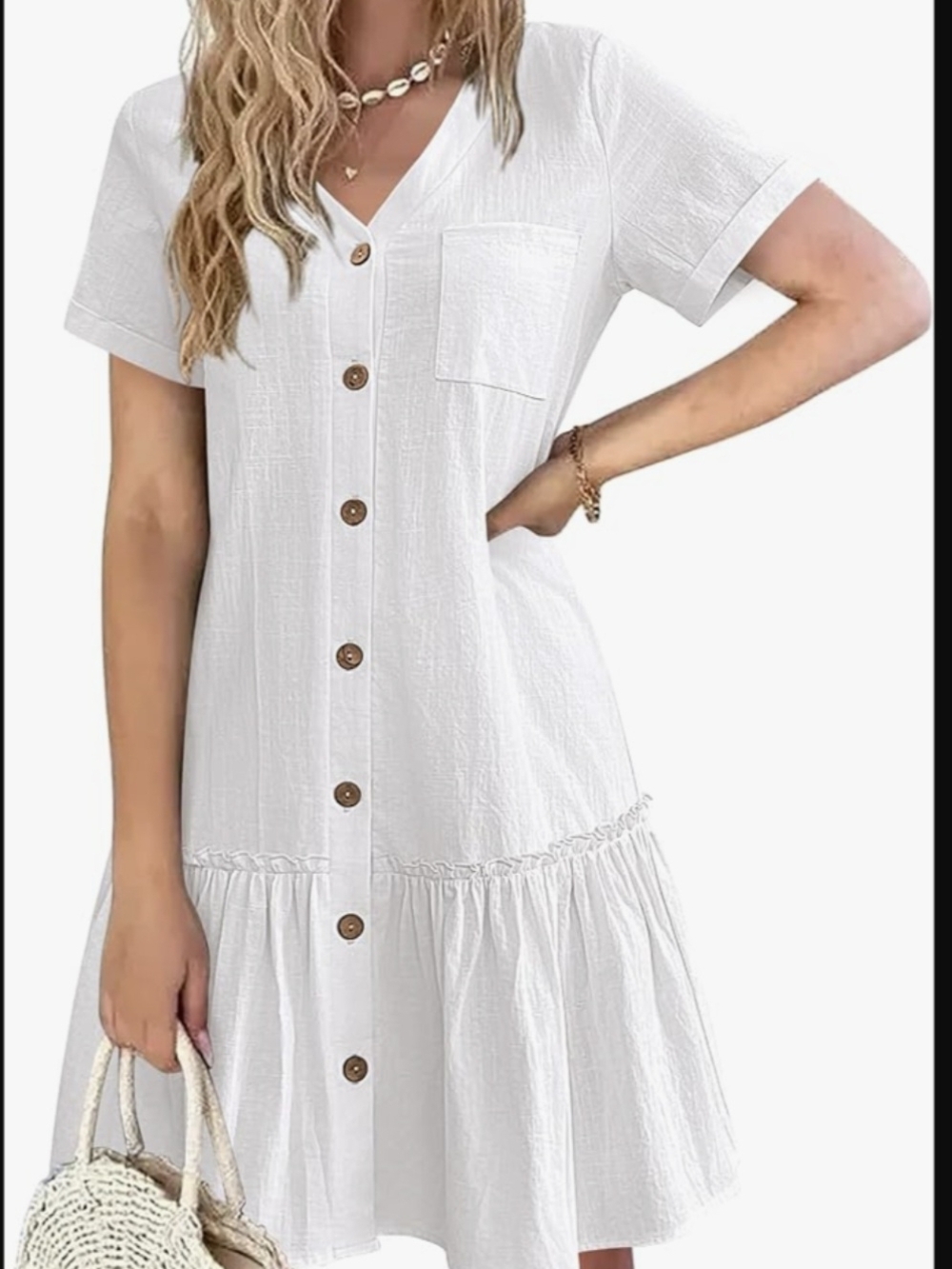 White Button-Front Midi Dress with Ruffle Hem